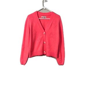 Ann Taylor LOFT Wool Blend Bobble Knit Star Cardigan Hot Neon Pink M